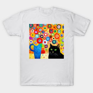 Black Cat with Modern Still Life Painting in Blue Geometric Vase T-Shirt